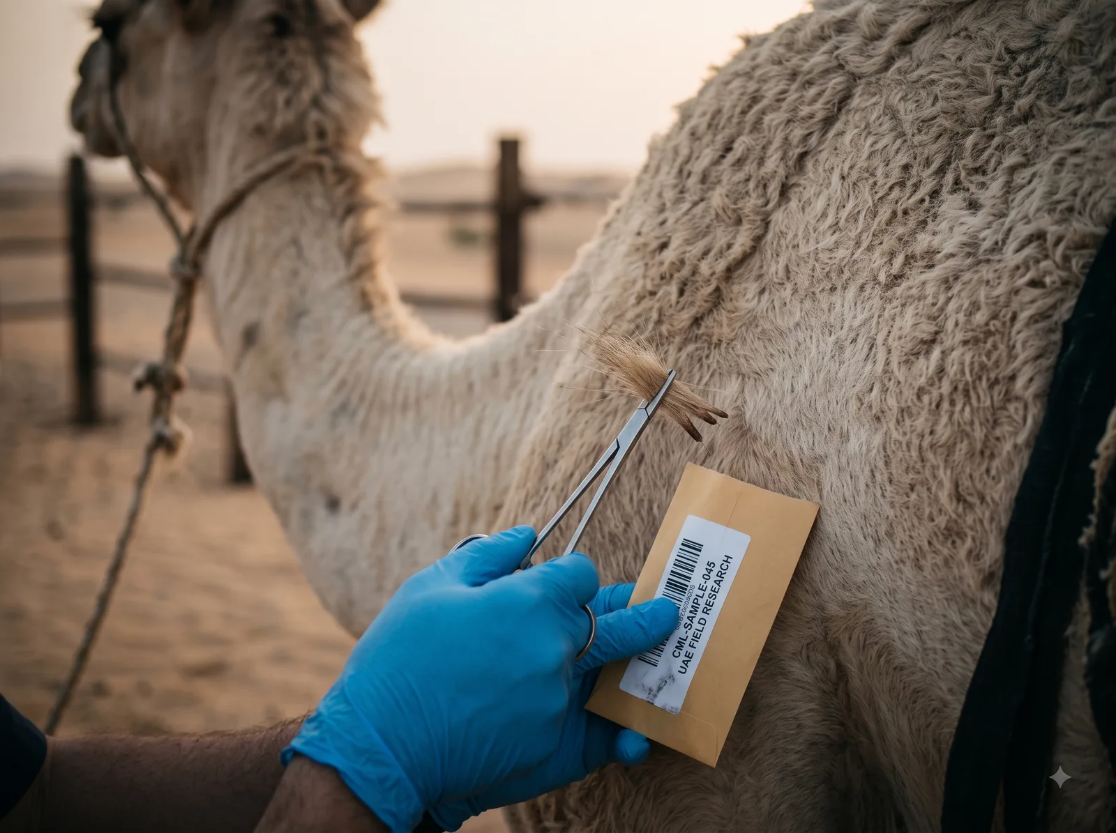 Collecting a hair sample from a camel on the farm